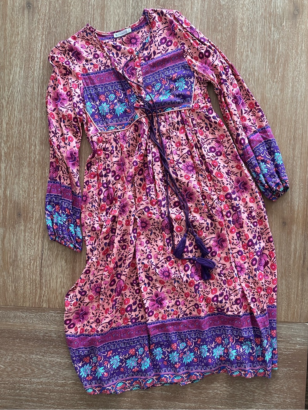 R. Vivimos Women’s Pink & Purple Floral Boho Long-Sleeve Maxi Dress